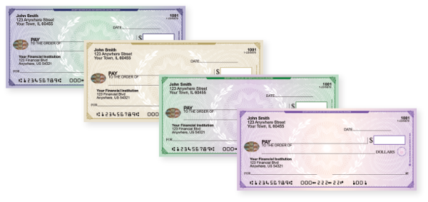 Four staggered personal checks with oval holograms on the left side. The colour patterns displayed are:
              Blue-Green, Parchment, Green Purple, and Purple-Orange