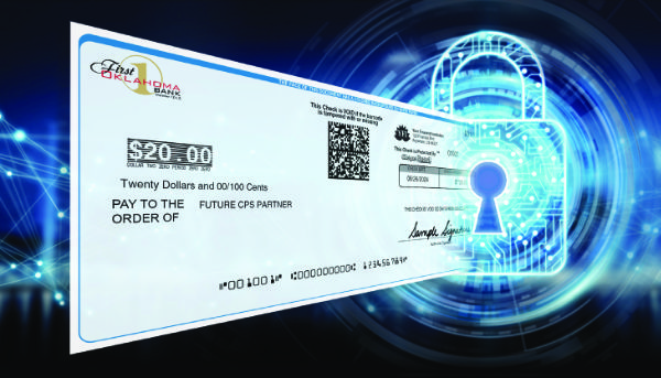 A bank check with a value of twenty dollars is emerging from a padlock depicted in a stylized computer
              chip fashion. The check is imprinted with a two dimensional barcode, above which is the text:
              This check is VOID if the barcode is tampered with or missing